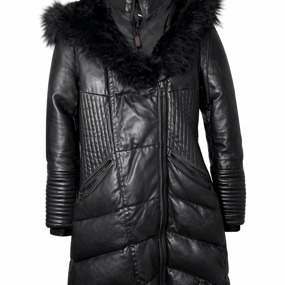RUDSAK Black Leather Jacket with Fur Trim
